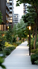 Obraz premium Modern urban walkway with lush greenery and contemporary architecture