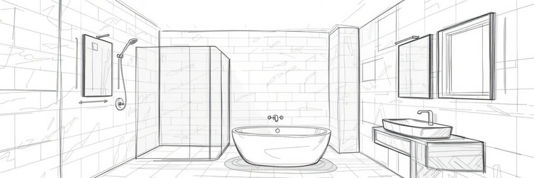 Hand-drawn custom master bathroom with cross section of finished photograph, artistic, construction