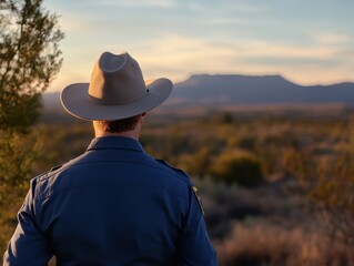 Man in Ranger Uniform Overlooks Scenic Landscape