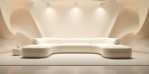 futuristic cream modern home with curved design and modular sofa in generative ai, cream, stock photo