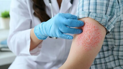A dermatologist examining a patient’s skin for signs of an allergy rash.