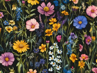 Seamless Multi-colored Wildflower Pattern on 
