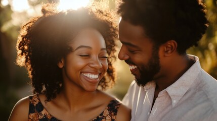 A close-up of a couple sharing a genuine loving smile while holding hands in a sunlit park