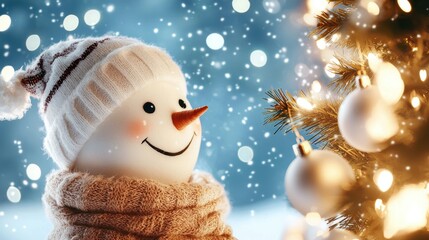 Obraz premium Cheerful Snowman in Winter Wonderland with Christmas Tree Decorations