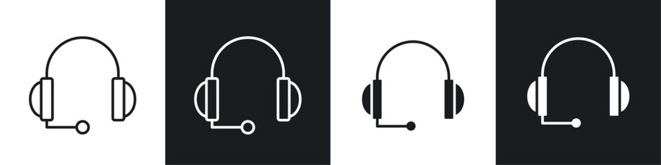 Headset icons collection in black and white solid and line style
