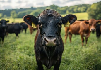 Close-up of a Curious Black Cow with Tags in a Green Pasture Surrounded by Other Cattle on a Clear Day with Rolling Hills in the Background