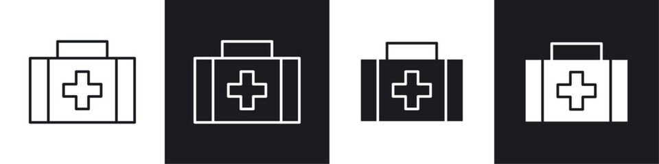 Medical kit icons collection in black and white solid and line style