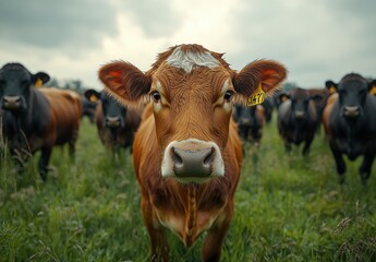 Close-Up of a Curious Brown Cow Surrounded by a Herd in a Grassy Field Under a Moody Sky, Perfect for Capturing Livestock and Rural Life Themes