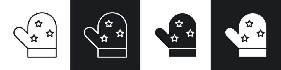Oven mitt icons collection in black and white solid and line style