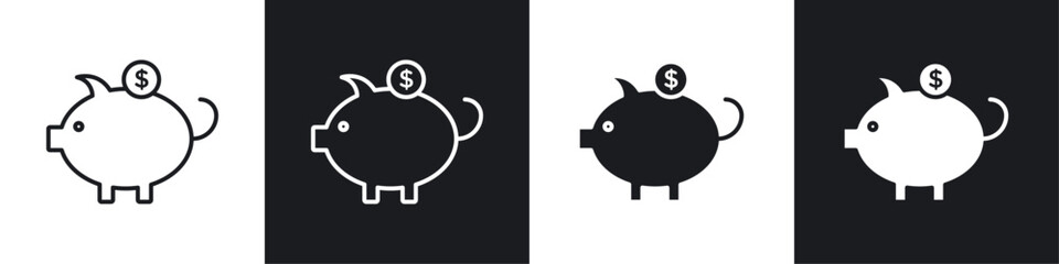 Piggy bank icons collection in black and white solid and line style
