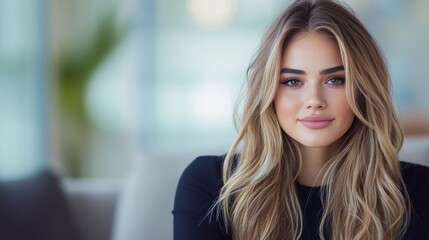 Fototapeta premium Young Woman with Beautiful Hair and Natural Makeup Smiling Brightly