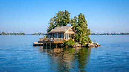 Fototapeta premium Secluded Island Cabin Getaway: A Peaceful Retreat on a Serene Lake