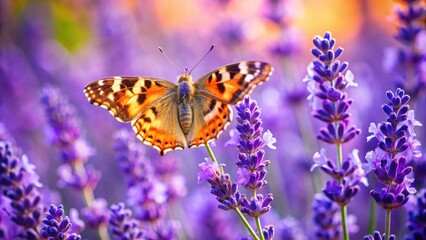 Butterfly feeding on lavender flower, vibrant purple petals unfolding, insectivore, spring,  insectivore, spring, wildlife