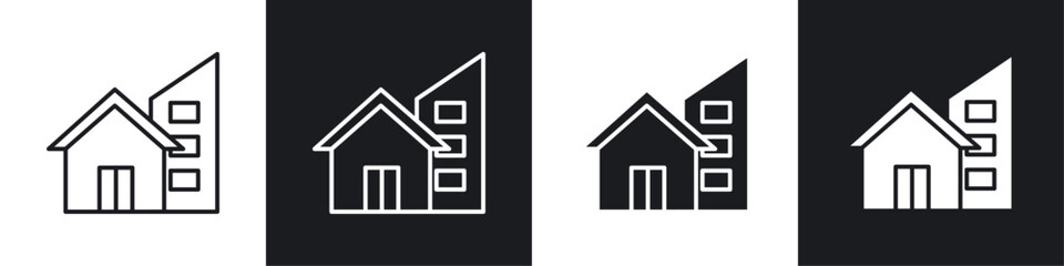 Real estate icons collection in black and white solid and line style