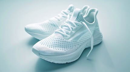 A pair of lightweight running shoes with a seamless design and high-tech materials, centered on white.