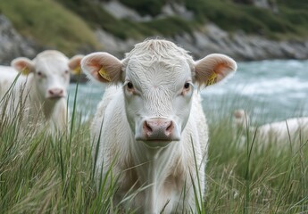 Obraz premium Close-up of a Curious White Calf in Green Grass Near a Flowing River, Offering a Glimpse into Rural Life and Nature's Serenity in a Picturesque Landscape