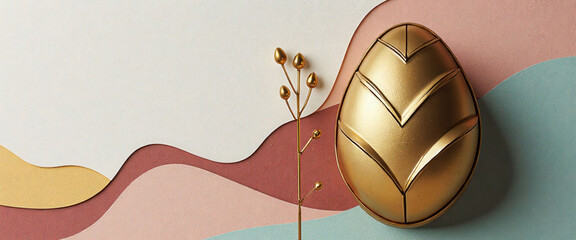 A gold egg with a leaf on top of a pink and blue background. The egg is surrounded by a wave pattern, giving the impression of a beach or ocean scene