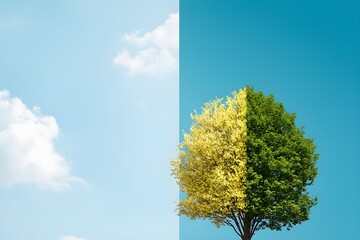 Obraz premium A tree with two branches, one is green and the other is yellow