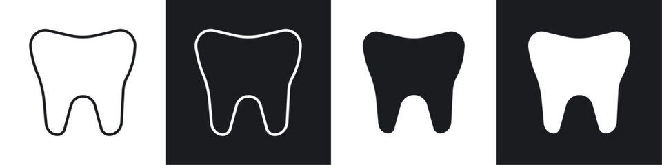 Tooth icons collection in black and white solid and line style