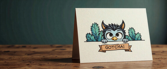 A card with a cartoon owl on it that says Gotcha. The owl is looking out of a window and the card is sitting on a wooden table