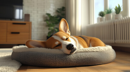 Corgi Dog sleeping peacefully in a large dog bed, curled up, peaceful pet at home
