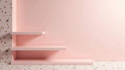 Minimalist Pink Shelf Display with Terrazzo Accents for Product Presentation