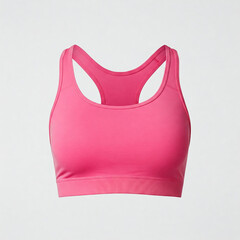 Empty white background display of a slim fit shocking pink woman's sport bra mockup with folds and creases accentuated, copy space