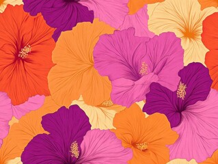 A Seamless Pattern of Pink and Orange Hibiscus Flowers with Yellow Stamens and Dark Green Leaves on a Deep Red/Magenta Background