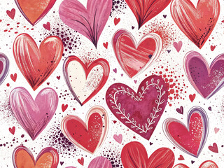 Cartoon style heart pattern, hand drawn in colorful seamless patterns in various sizes.