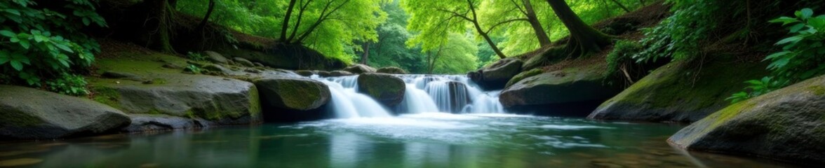Dense foliage surrounds a serene waterfall cascading into a rocky stream, river, rock, natural