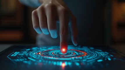 A hand interacts with a glowing touchscreen display featuring a circular, futuristic interface with vibrant colors and a red light at the center, Marketing research concepts.