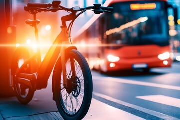 Fototapeta premium A bicycle is parked next to a red bus on a city street