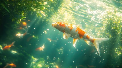 Koi fish swimming in sunlit pond, aquatic plants background, zen garden