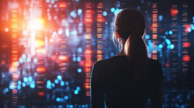 A female scientist in a modern biotech laboratory standing in front of a large digital screen, analyzing complex medical data visualizations and genetic sequences with a focused expression