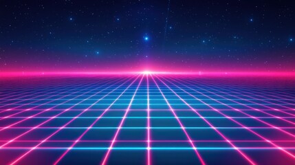 Retro futuristic landscape with glowing grid and starry sky.