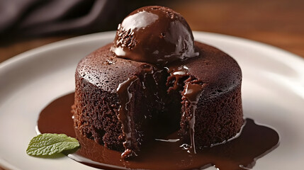 A molten chocolate cake with a gooey center, served with a scoop of vanilla ice cream and a drizzle of rich chocolate ganache for extra indulgence.