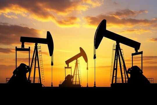 Silhouetted Oil Pump Jacks Operating Against a Stunning Sunset Sky Highlighting the Energy Industry&rsquo;s Role in Modern Economy and Environment Challenges