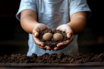 Child joyfully holds two seed balls made from soil in hands, illustrating a desire to nurture nature and growth in a garden space. Generative AI