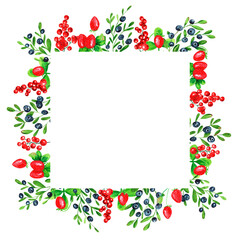 Watercolor wreath on white background. Summer frame strawberry, red currant and blueberry. Berries design. Perfect for card, poster, postcard, invitations, wedding, birthday party.