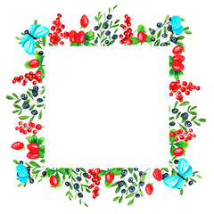 Watercolor wreath on white background. Summer frame strawberry, red currant, blueberry, butterfly. Berries design. Perfect for card, poster, postcard, invitations, wedding, birthday party.