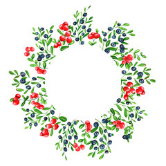 Naklejka premium Watercolor wreath on white background. Summer round frame cowberry, blueberry. Berries design. Perfect for card, poster, postcard, invitations, wedding, birthday party.