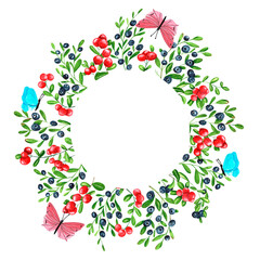 Watercolor wreath on white background. Summer round frame cowberry, blueberry, butterfly. Berries design. Perfect for card, poster, postcard, invitations, wedding, birthday party.