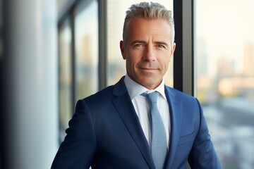 Fototapeta premium Portrait of a smiling mature businessman standing in a modern office building