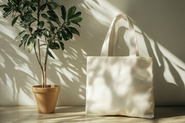 Minimalist Tote Bag and Houseplant in Natural Light Setting