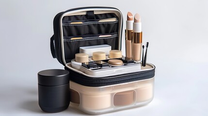 A portable makeup organizer with refillable containers for foundation, blush, and eyeliner, photographed on white.
