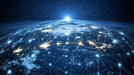 A blue background with an abstract representation technology network connection earth