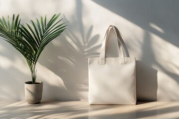 Minimalist Tote Bag with Plant Shadow on Neutral Background