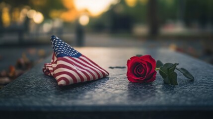 A folded American flag placed gently on a memorial plaque, with a single rose lying beside it, creating a touching tribute to fallen heroes