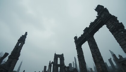 Ruins of an old city in the fog, ancient constructions remnants of another time