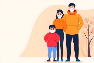 A family of three people wearing masks and standing in front of a tree